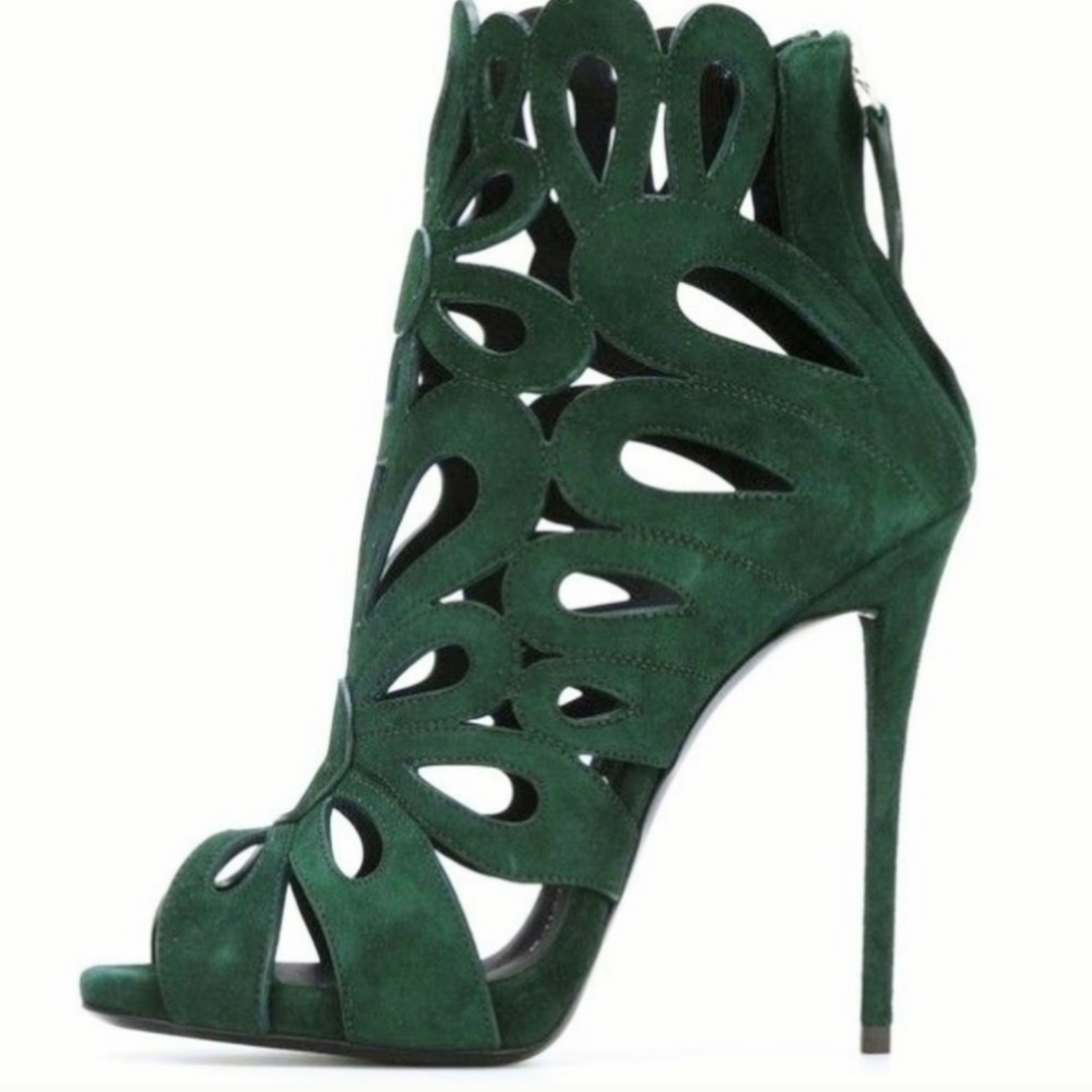 FSJ Green Faux Suede Laser Cut Peep Toe Stiletto Heels Sandals